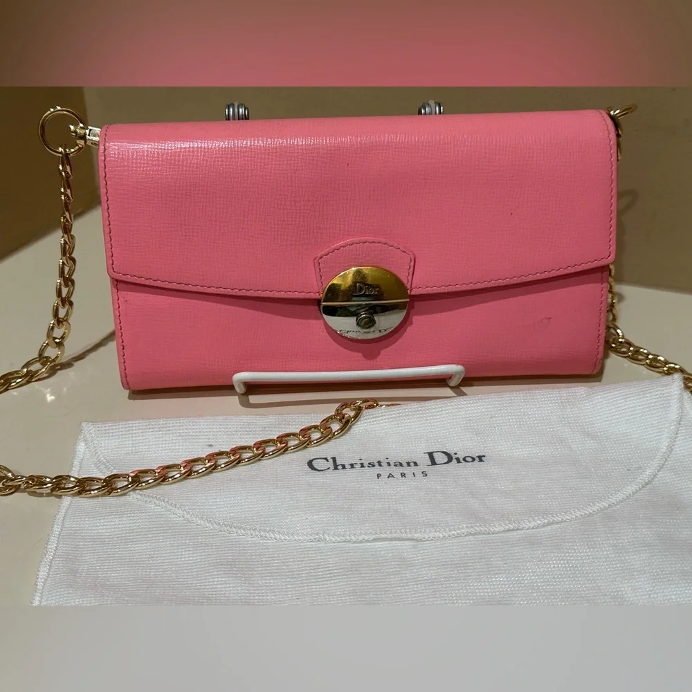 Christian Dior Pink Leather Clasp Front Long Wallet w/unbranded chain